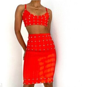 Herve Leger Red Studded Skirt Set